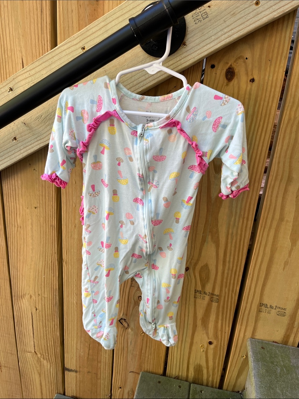 Infant Light Blue Mushroom Print Footed One-Piece with Pink Ruffle Trim